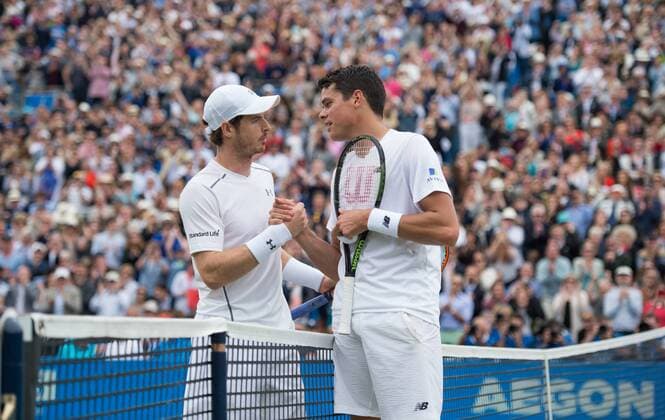 LONDON, Andy Murray (L) of Britain shakes hands with Milos Raonic of Canada after their men s singles final on day seven of the ATP Tennis Herren 500 Aegon Championships at the Queen s Club in London, Britain, on June 19, 2016. Andy Murray won 2-1 and claimed the title. ) (SP)BRITAIN-LONDON-TENNIS-AEGON CHAMPIONSHIPS-MURRAY VS RAONIC JonxBuckle 