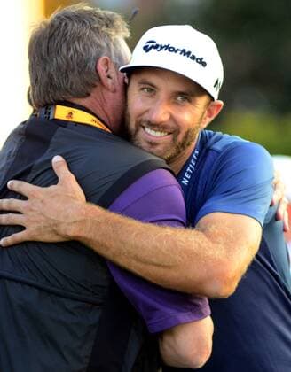 Dustin Johnson celebrates on the 18th green after winning his first major championship in the final round at the U.S. Open at Oakmont Country Club near Pittsburgh, Pennsylvania on June 19, 2016. Johnson won with a score of 5 under par.  OAK20160619333 ARCHIExCARPENTER