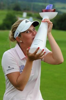 Winner Nanna Koerstz Madsen of Denmark holds her trophy during the Tipsport Golf Masters Ladies European Tour in Pilsen Golf Resort Dysina, Czech Republic, June 19, 2016. (CTKxPhoto PavelxNemecek) CTKPhotoP201606190484401  nmc