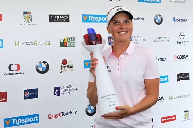 Winner Nanna Koerstz Madsen of Denmark holds her trophy during the Tipsport Golf Masters Ladies European Tour in Pilsen Golf Resort Dysina, Czech Republic, June 19, 2016. (CTKxPhoto PavelxNemecek) CTKPhotoP201606190485501  nmc7