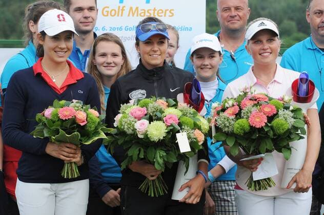 Golf players Albane Valenzuela of Switzerland (left), Czech Karolina Vlckova (centre) and winner Nanna Koerstz Madsen of Denmark (right) hold their trophies after the Tipsport Golf Masters Ladies European Tour in Pilsen Golf Resort Dysina, Czech Republic, June 19, 2016. (CTKxPhoto PavelxNemecek) CTKPhotoP201606190530601  nmc33