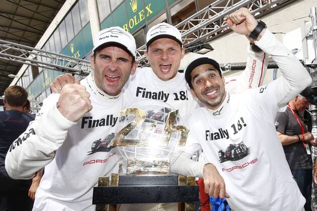 Porsche Team: Romain Dumas, Marc Lieb, Neel Jani (l-r) Porsche 919 Hybrid, 24 Hours of Le Mans 2016 xPorschex xJuergenxTapx