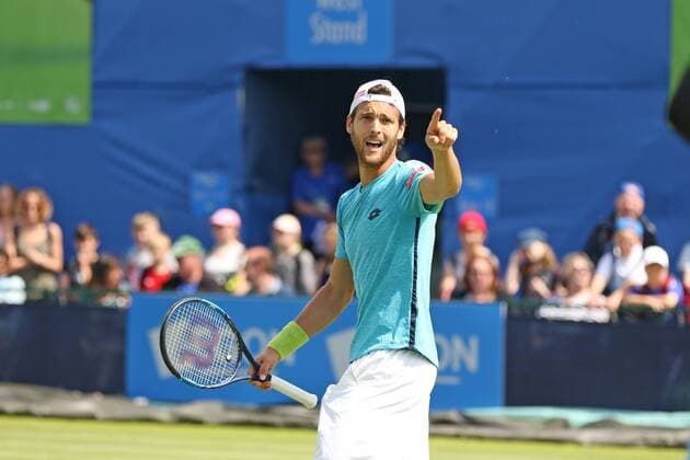 21.06.2016. Nottingham Tennis Centre, Nottingham, England. Aegon Open Mens ATP Tennis Herren Tennis. Joao Sousa of Portugal gets animates as he loses the first set to Dudi Sela of Israel by 6-3 xDavidxKissmanx  ActionPlus11752756