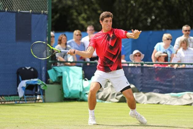 21.06.2016. Nottingham Tennis Centre, Nottingham, England. Aegon Open Mens ATP Tennis Herren Tennis. Forehand from Ernesto Escobedo of USA against Sam Querrey of USA xDavidxKissmanx  ActionPlus11752757