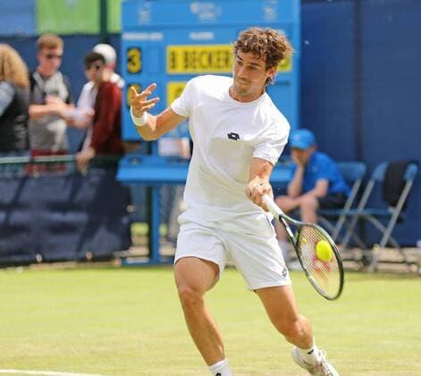 Tennis, ATP-Turnier in Nottingham, Benjamin Becker - Guido Pella 21.06.2016. Nottingham Tennis Centre, Nottingham, England. Aegon Open Mens ATP Tennis Herren Tennis. Forehand from Guido Pella of Argentina against Benjamin Becker of Germany xDavidxKissmanx  ActionPlus11752772