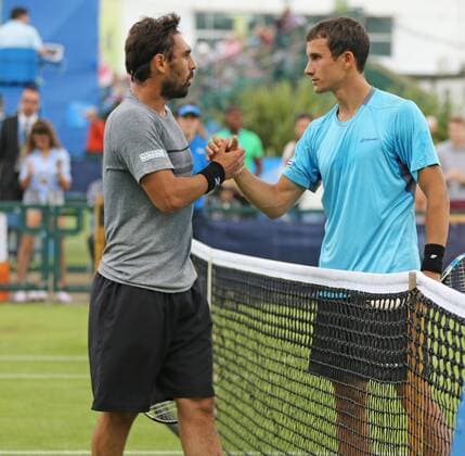 21.06.2016. Nottingham Tennis Centre, Nottingham, England. Aegon Open Mens ATP Tennis Herren Tennis. Marcos Baghdatis of Cyprus wins his match against Evgeny Donskoy of Russia 7-5 and 6-2 xDavidxKissmanx  ActionPlus11752850