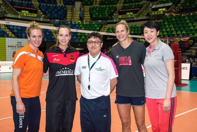 June 22, 2016 - Hong Kong, Hong Kong SAR, China - The women team captains. L to R.MARET BALKESTEIN-GROTHUES of the Netherlands,DENISE HANKE of Germany,Umpire ADAMS WONG, CHRISTA HARMOTTO DIETZEN of the USA and JINGSI SHEN of China press conference PK Pressekonferenz for FIVB Volleyball World Grand Prix at the Hong Kong Coliseum in Hung Hom. The four team captains meet the press ahead of the 3 day competition. FIVB Volleyball World Grand Prix - ZUMAr144