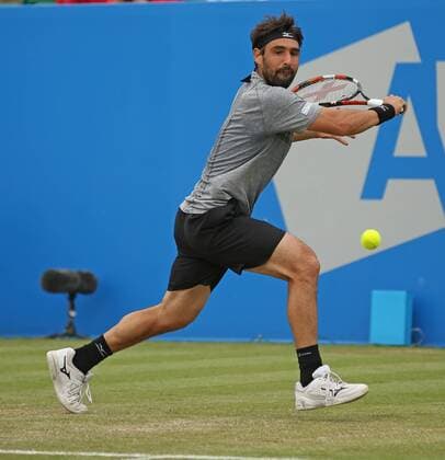 22.06.2016. Nottingham Tennis Centre, Nottingham, England. Aegon Open Mens ATP Tennis Herren Tennis. Backhand from Marcos Baghdatis of Cyprus against Sam Querrey of USA xDavidxKissmanx  ActionPlus11753268