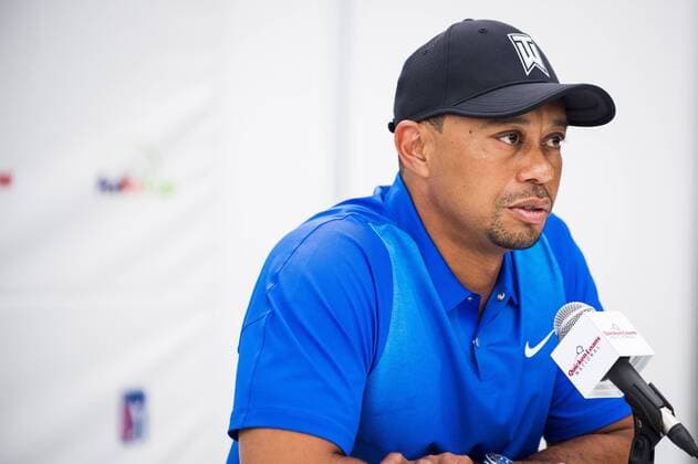 Professional golfer and tournament host, Tiger Woods, answers questions about his event and his health from the media during a press conference PK Pressekonferenz at the Quicken Loans National golf tournament on June 22, 2016, in Bethesda, Md.  WAP201606220009 PETExMAROVICH
