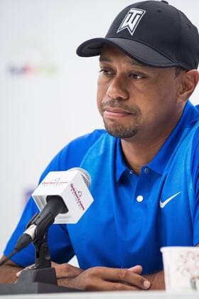 Professional golfer and tournament host, Tiger Woods, answers questions about his event and his health from the media during a press conference PK Pressekonferenz at the Quicken Loans National golf tournament on June 22, 2016, in Bethesda, Md.  WAP201606220033 PETExMAROVICH