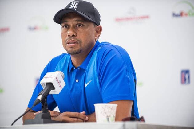 Professional golfer and tournament host, Tiger Woods, answers questions about his event and his health from the media during a press conference PK Pressekonferenz at the Quicken Loans National golf tournament on June 22, 2016, in Bethesda, Md.  WAP201606220036 PETExMAROVICH