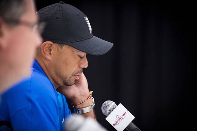 Professional golfer and tournament host, Tiger Woods, answers questions about his event and his health from the media during a press conference PK Pressekonferenz at the Quicken Loans National golf tournament on June 22, 2016, in Bethesda, Md.  WAP201606220102 PETExMAROVICH