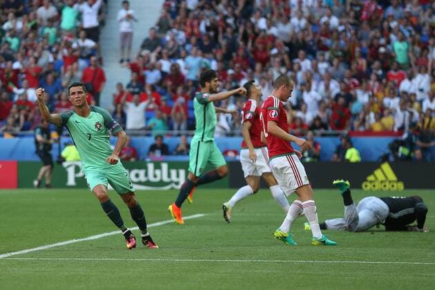 22.06.2016, Stade des Lumieres, Lyon, FRA, UEFA EURO EM Europameisterschaft Fussball 2016, Ungarn vs Portugal, Gruppe F, im Bild Cristiano Ronaldo of Portugal celebrates scoring his sides 2nd goal Cristiano Ronaldo of Portugal celebrates scoring his sides 2nd goal during Group F match between Hungary and Portugal of the UEFA EURO 2016 France at the Stade des Lumieres in Lyon, France on 2016 06 22. Lyon  EX_FOCUS_FIL  