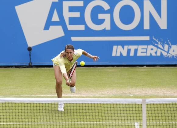 23.06.2016 Eastbourne, England. Aegon International Eastbourne Tennis Tournament. Andrea Petkovic (GER)returns as she is beaten by Ekaterina Makarova (RUS) by a score 3-6, 6-4, 6-0 in their Quarterfinals match at Devonshire Park. xHongboxChenx  ActionPlus11753794