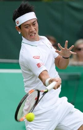 Nishikori beats Gasquet at exhibition match in London Japan s world No. 6 Kei Nishikori returns a shot against Richard Gasquet of France in an exhibition match in London on June 23, 2016. Nishikori won 6-2, 6-1, ahead of appearing as fifth seed at Wimbledon from June 27. 