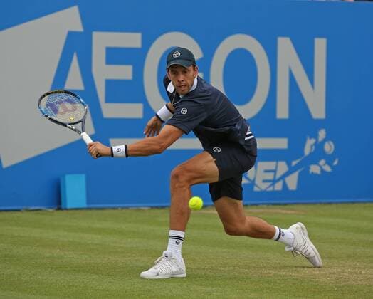 24.06.2016. Nottingham Tennis Centre, Nottingham, England. Aegon Open Mens ATP Tennis Herren Tennis. Backhand from Gilles Muller of Luxembourg in his semi final match against Pablo Cuevas of Uruguay xDavidxKissmanx  ActionPlus11753931