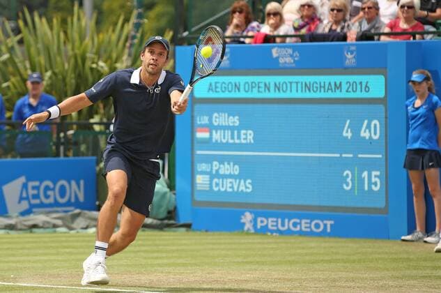 24.06.2016. Nottingham Tennis Centre, Nottingham, England. Aegon Open Mens ATP Tennis Herren Tennis. Forehand from Gilles Muller of Luxembourg xDavidxKissmanx  ActionPlus11753937