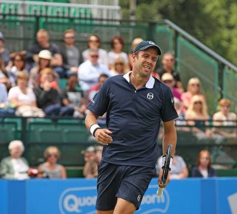 24.06.2016. Nottingham Tennis Centre, Nottingham, England. Aegon Open Mens ATP Tennis Herren Tennis. Disappointment from Gilles Muller of Luxembourg as he loses a point in his semi final match against Pablo Cuevas of Uruguay xDavidxKissmanx  ActionPlus11753938