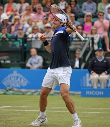 24.06.2016. Nottingham Tennis Centre, Nottingham, England. Aegon Open Mens ATP Tennis Herren Tennis. Delight from Pablo Cuevas of Uruguay as he moves to the final after beating Gilles Muller of Luxembourg 3-6 7-6 6-4 xDavidxKissmanx  ActionPlus11753950