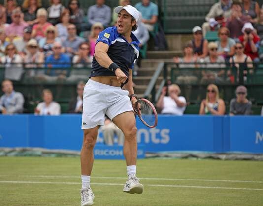 24.06.2016. Nottingham Tennis Centre, Nottingham, England. Aegon Open Mens ATP Tennis Herren Tennis. Delight from Pablo Cuevas of Uruguay as he moves to the final after beating Gilles Muller of Luxembourg 3-6 7-6 6-4 xDavidxKissmanx  ActionPlus11753951