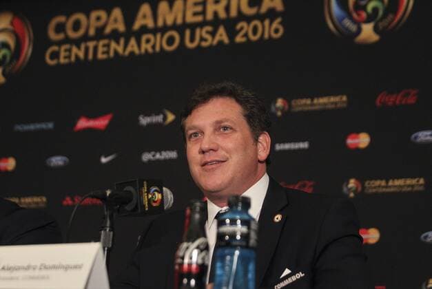 Copa America: Pressekonferenz der amerikanischen Verbandschefs CONMEBOL President Alejandro Dominguez delivers a joint presser on the occasion of the Copa America Centenario 2016 final between Argentina and Chile in New York, United States, 24 June 2016. EFE David Fernandez SOCCER FEDERATION S LEADERS PRESSER IN NEW YORK !ACHTUNG: NUR REDAKTIONELLE NUTZUNG!  NUE006 20160624-636023959798155242