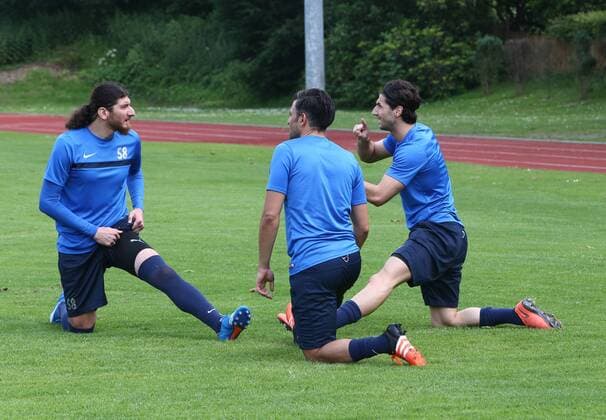 Regionalliga West, Saison 2016 2017, Trainingsauftakt Wuppertaler SV 24.06.2016, -- vl; Ercan Aydogmus, Gaetano Manno und Silvio Pagano ( alle Wuppertaler SV ) beim Training