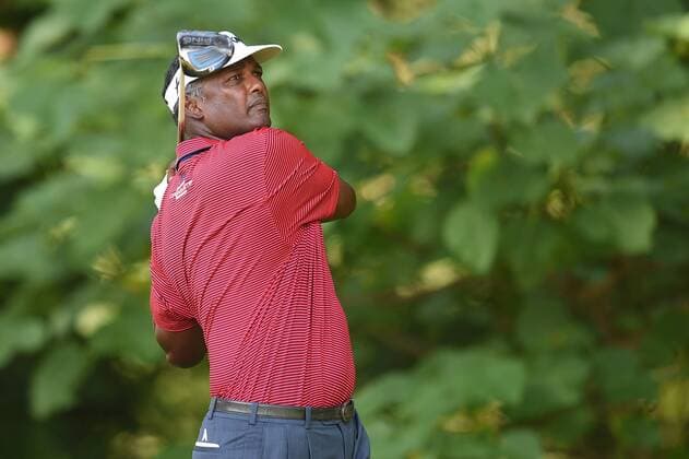 June 25, 2016 - Vijay Singh tees off at hole number fourteen during third round play at the Quicken Loans National at Congressional Country Club in Bethesda MD. PGA Golf Herren 2016: Quicken Loans National JUN 25 - ZUMAcjm_