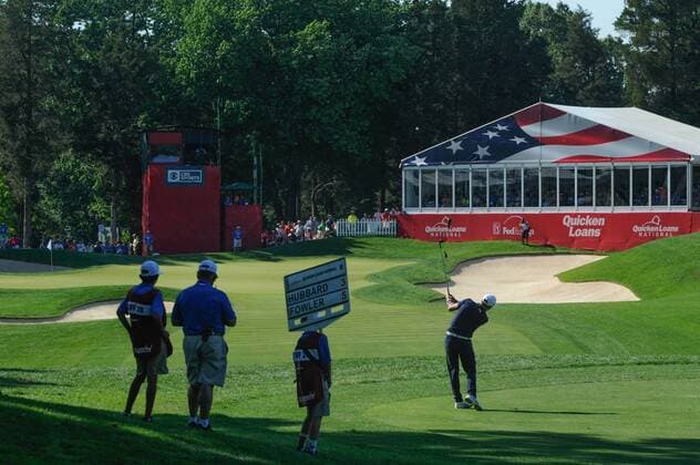 June 25, 2016 - Rickie Fowler hits his approach to the seventeenth green during third round play at the Quicken Loans National at Congressional Country Club in Bethesda MD. PGA Golf Herren 2016: Quicken Loans National JUN 25 - ZUMAcjm_