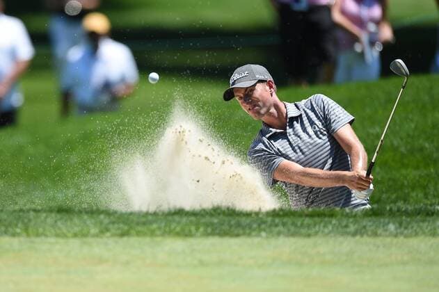 June 25, 2016 - Webb Simpson blasts out of the green side bunker on hole number two during third round play at the Quicken Loans National at Congressional Country Club in Bethesda MD. PGA Golf Herren 2016: Quicken Loans National JUN 25 - ZUMAcjm_