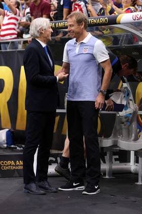 25 June 2016: United States head coach Jurgen Klinsmann greets Colombia head coach Jos? P?kerman on the sideline before the first half of the Copa America Centanario third place match at University of Phoenix Stadium in Glendale, Az. (Photo by Chris Coduto Icon Sportswire) SOCCER: JUN 25 Copa America Centenario - Third Place - United States v Colombia Icon3171606250108 EDITORIAL USE ONLY