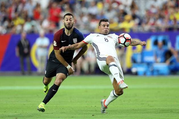 25 June 2016: Colombia midfielder Edwin Cardona 8 kicks the ball away from United States midfielder Clint Dempsey 8 during the first half of the Copa America Centanario third place match at University of Phoenix Stadium in Glendale, Az. (Photo by Chris Coduto Icon Sportswire) SOCCER: JUN 25 Copa America Centenario - Third Place - United States v Colombia Icon3171606250867 EDITORIAL USE ONLY