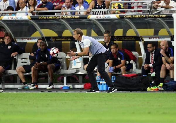 25 June 2016: United States head coach Jurgen Klinsmann throws the ball during the second half of the Copa America Centanario third place match against Colombia at University of Phoenix Stadium in Glendale, Az. Columbia won 1-0. (Photo by Chris Coduto Icon Sportswire) SOCCER: JUN 25 Copa America Centenario - Third Place - United States v Colombia Icon3171606251296 EDITORIAL USE ONLY