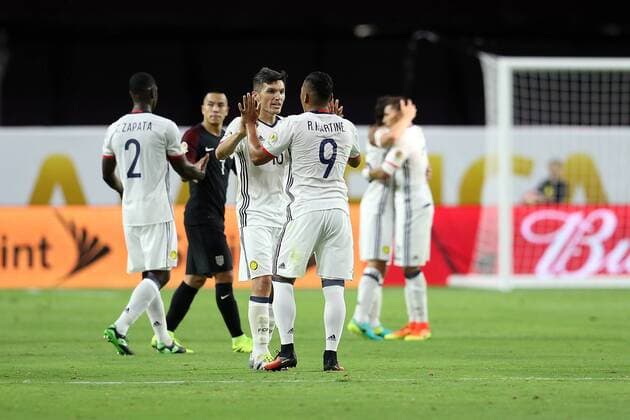 25 June 2016: Colombia forward Roger Martinez 9 and midfielder James Rodriguez 10 (back) celebrate as time expires in the second half of the Copa America Centanario third place match at University of Phoenix Stadium in Glendale, Az. Columbia won 1-0. (Photo by Chris Coduto Icon Sportswire) SOCCER: JUN 25 Copa America Centenario - Third Place - United States v Colombia Icon3171606251677 EDITORIAL USE ONLY