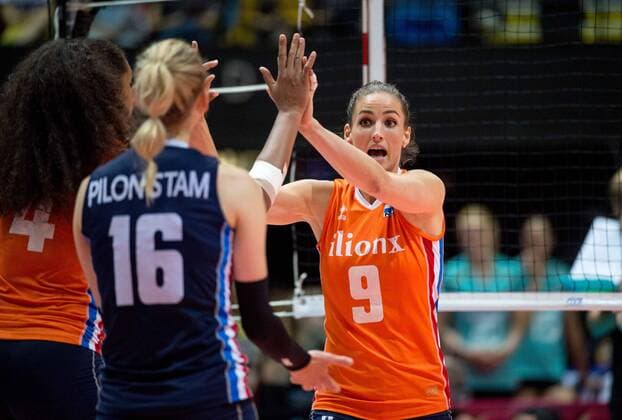 June 26, 2016 - Hong Kong, Hong Kong S.A.R, China - MYRTHE SCHOOT high fives her Netherland team mates.FIVB Volleyball World Grand Prix Hong Kong 2016. Netherlands secure a place in the semi-finals with a 3-0 win over Germany in Hong Kong with scores of 26-24,25-20,25-22. The Netherlands beat Germany in th FIVB Volleyball World Grand Prix Hong Kong 2016 - ZUMAr144