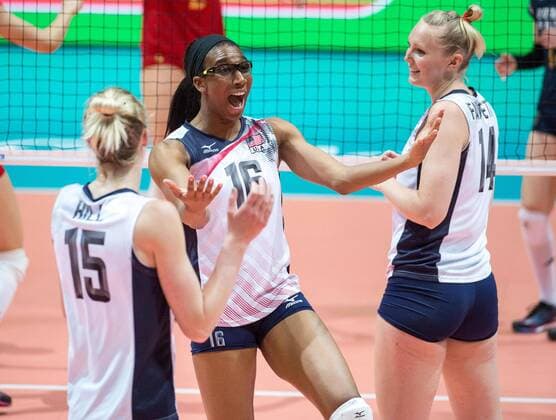 June 26, 2016 - Hong Kong, Hong Kong S.A.R, China - FOLUKE AKINRADEWO of the USA (centre) scream after winning a point.FIVB Volleyball World Grand Prix Hong Kong 2016. USA secure a 3-0 win over China at the Hong Kong Coliseum with scores of 25-19,25-21,25-17 USA beat China in the women FIVB Volleyball World Grand Prix Hong Kong 2016 - ZUMAr144