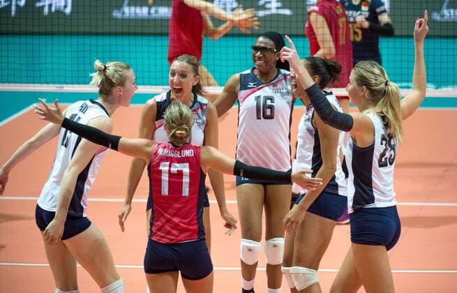 June 26, 2016 - Hong Kong, Hong Kong S.A.R, China - The US team celebrate a point.FIVB Volleyball World Grand Prix Hong Kong 2016. USA secure a 3-0 win over China at the Hong Kong Coliseum with scores of 25-19,25-21,25-17 USA beat China in the women FIVB Volleyball World Grand Prix Hong Kong 2016 - ZUMAr144