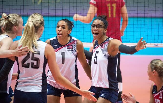 June 26, 2016 - Hong Kong, Hong Kong S.A.R, China - RACHEL ADAMS (R) of the USA (centre) celebrates winning a point.FIVB Volleyball World Grand Prix Hong Kong 2016. USA secure a 3-0 win over China at the Hong Kong Coliseum with scores of 25-19,25-21,25-17 USA beat China in the women FIVB Volleyball World Grand Prix Hong Kong 2016 - ZUMAr144