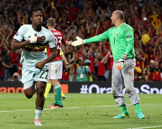 Belgium s Michy Batshuayi celebrates after the 0-2 goal during a soccer game between Belgian national soccer team Red Devils and Hungary, in the round of 16 of the UEFA EURO EM Europameisterschaft Fussball 2016 European Championships, on Sunday 26 June 2016, in Toulouse, France. The Euro2016 tournament is taking place from 10 June to 10 July. BRUNOxFAHY  x04879373x