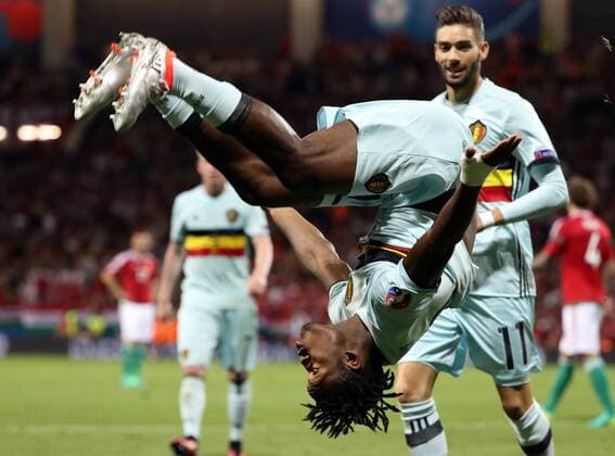 Belgium s Michy Batshuayi celebrates after scoring the 0-2 goal during a soccer game between Belgian national soccer team Red Devils and Hungary, in the round of 16 of the UEFA EURO EM Europameisterschaft Fussball 2016 European Championships, on Sunday 26 June 2016, in Toulouse, France. The Euro2016 tournament is taking place from 10 June to 10 July. BRUNOxFAHY  x04879417x