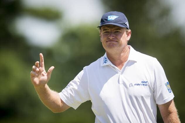 South African Ernie Els waves to the gallery after making birdie on the 1st hole at Congressional CC during the final round of the Quicken Loans National golf tournament in Bethesda, Maryland on Sunday, June 36, 2016. Billy Hurley III, of Annapolis Maryland, shot a 2-under 69 on Sunday for his first tournament win.  WAP201606260121 PETExMAROVICH