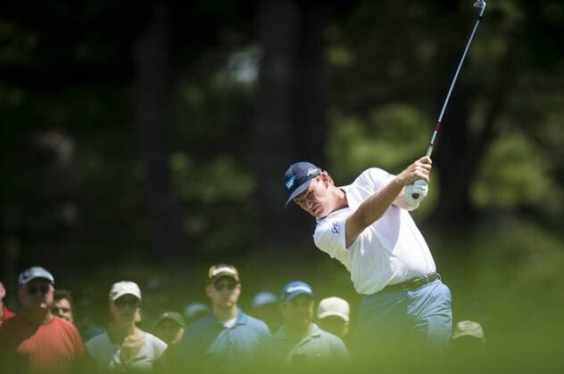 South African Ernie Els plays his tee shot on the 2nd hole at Congressional CC during the final round of the Quicken Loans National golf tournament in Bethesda, Maryland on Sunday, June 36, 2016. Billy Hurley III, of Annapolis Maryland, shot a 2-under 69 on Sunday for his first tournament win.  WAP201606260151 PETExMAROVICH