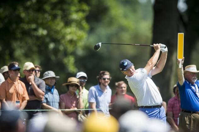 South African Ernie Els plays his tee shot on the 4th hole at Congressional CC during the final round of the Quicken Loans National golf tournament in Bethesda, Maryland on June 26, 2016. Billy Hurley III, of Annapolis Maryland, shot a 2-under 69 on Sunday for his first tournament win.  WAP201606260226 PETExMAROVICH