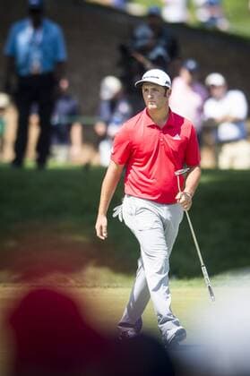 Spaniard Jon Rahm watches his birdie putt on the 6th green at Congressional CC during the final round of the Quicken Loans National golf tournament in Bethesda, Maryland on Sunday, June 36, 2016. Billy Hurley III, of Annapolis Maryland, shot a 2-under 69 on Sunday for his first tournament win.  WAP201606260276 PETExMAROVICH