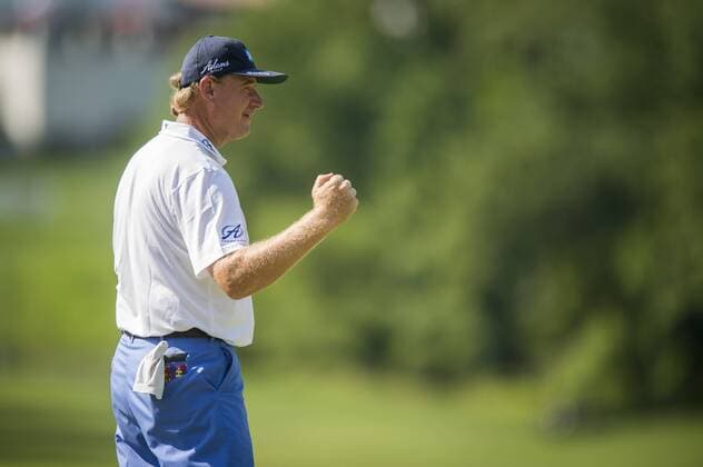 South African golfer Ernie Els reacts after sinking a long par putt on the 11th hole at Congressional CC during the final round of the Quicken Loans National golf tournament in Bethesda, Maryland on Sunday, June 36, 2016. Billy Hurley III, of Annapolis Maryland, shot a 2-under 69 on Sunday for his first tournament win.  WAP201606260460 PETExMAROVICH