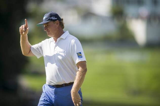 South African golfer Ernie Els reacts after sinking a long par putt on the 11th hole at Congressional CC during the final round of the Quicken Loans National golf tournament in Bethesda, Maryland on Sunday, June 36, 2016. Billy Hurley III, of Annapolis Maryland, shot a 2-under 69 on Sunday for his first tournament win.  WAP201606260487 PETExMAROVICH