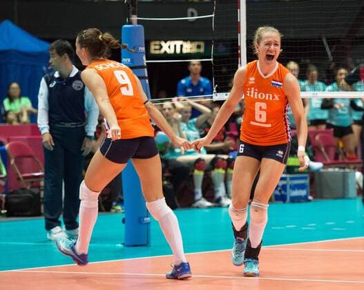 June 26, 2016 - Hong Kong, Hong Kong S.A.R, China - MYRTHE SCHOOT (L) of the Netherlands celebrates a match win Captain MARET BALKESTEIN-GROTHUES (R).FIVB Volleyball World Grand Prix Hong Kong 2016. Netherlands secure a place in the semi-finals with a 3-0 win over Germany in Hong Kong with scores of 26-24,25-20,25-22. Volleyball 2016 - FIVB World Grand Prix Hong Kong - ZUMAr144
