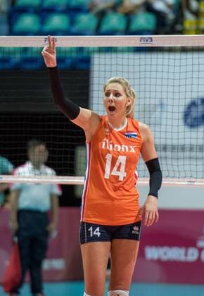 June 26, 2016 - Hong Kong, Hong Kong S.A.R, China - LAURA DIJKEMA of The Netherlands indicates to team mates there are only 2 more points to win.FIVB Volleyball World Grand Prix Hong Kong 2016. Netherlands secure a place in the semi-finals with a 3-0 win over Germany in Hong Kong with scores of 26-24,25-20,25-22. Volleyball 2016 - FIVB World Grand Prix Hong Kong - ZUMAr144