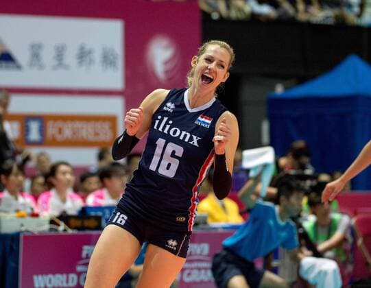 June 26, 2016 - Hong Kong, Hong Kong S.A.R, China - DEBBY STAM-PILON celebrates a point as the match nears an end.FIVB Volleyball World Grand Prix Hong Kong 2016. Netherlands secure a place in the semi-finals with a 3-0 win over Germany in Hong Kong with scores of 26-24,25-20,25-22. Volleyball 2016 - FIVB World Grand Prix Hong Kong - ZUMAr144