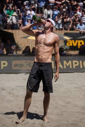 26 June 2016: Jake Gibb enjoys some celebratory champagne after him and teammate Casey Patterson eat brothers Trevor and Taylor Crabb in three sets to win the championship match of the AVP San Francisco Open in San Francisco, CA. (Photo by Hailey Archambault Icon Sportswire) VOLLEYBALL: JUN 26 AVP San Francisco Open Icon160626868 EDITORIAL USE ONLY
