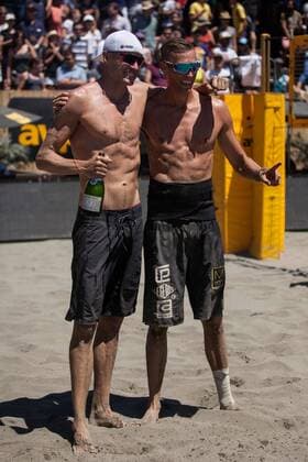 26 June 2016: Jake Gibb (left) and Casey Patterson pose for photos after winning the championship of the AVP San Francisco Open in San Francisco, CA. (Photo by Hailey Archambault Icon Sportswire) VOLLEYBALL: JUN 26 AVP San Francisco Open Icon160626880 EDITORIAL USE ONLY